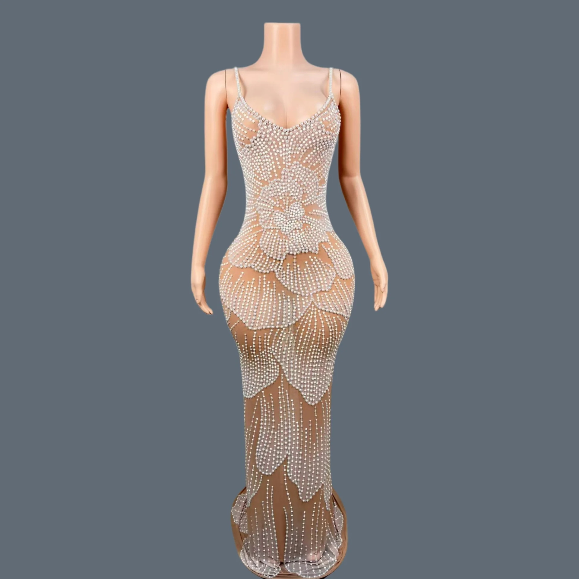 

Women Pearl Spaghetti Strap Mermaid Maxi Dress Floral Mesh Bodycon Evening Gown Wedding Party Stage Performance Outfit Shaoyao