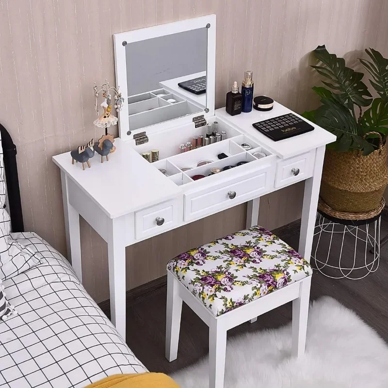 Makeup Vanity Desk with Flip Top Mirror and 3 Drawers , White Writing Desk Dressing Table Vanity Set