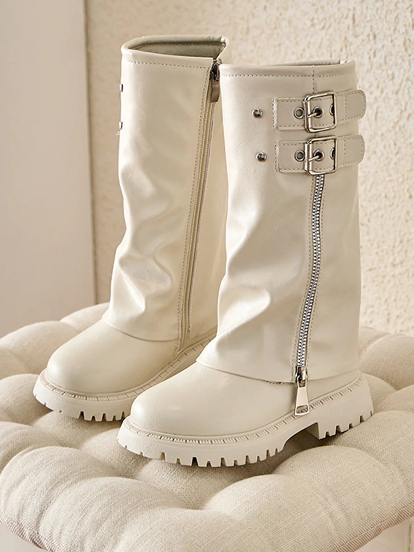 Kinder Herbst Winter Chunky Heel Reitstiefel Mädchen Studenten Gürtelschnalle Rutschfeste Modische Stiefel Vintage Plissierte Warme Lange Stiefel – Detail 13