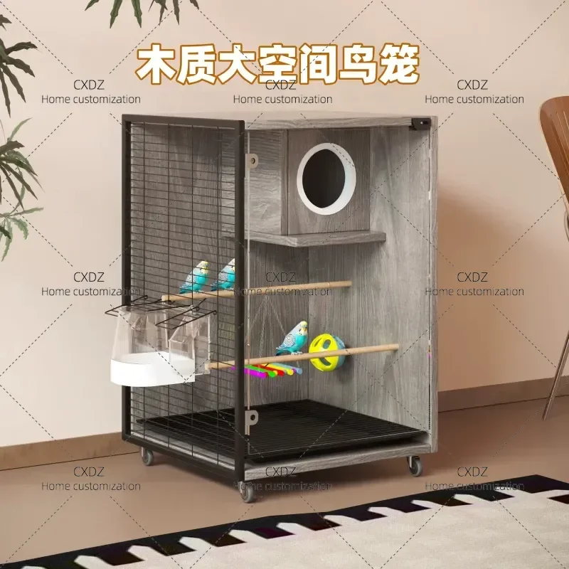 Large Horizontal Parrot Bird Cage with Silk Mesh Solid Wood Frame Spacious Villa for Small Birds Monk Parakeet Sun Conure