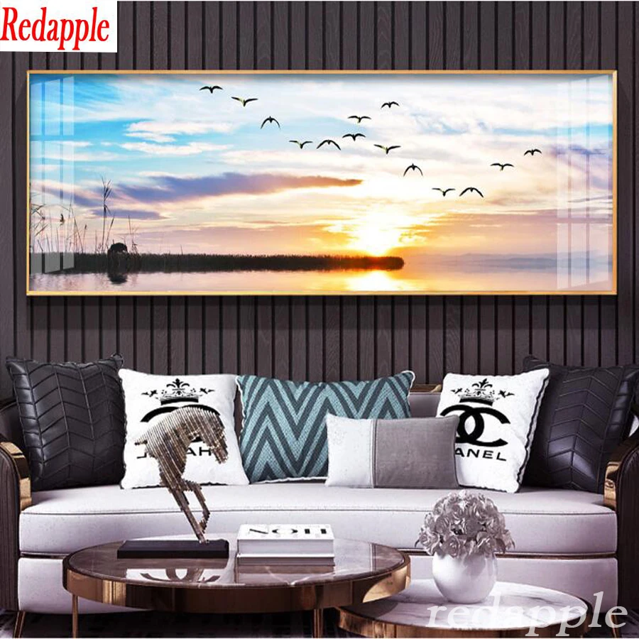 5D DIY Diamond Painting sunset sea birds Full Square Sunset scenery  Diamond Embroidery Mosaic Seaside large Decoration arts