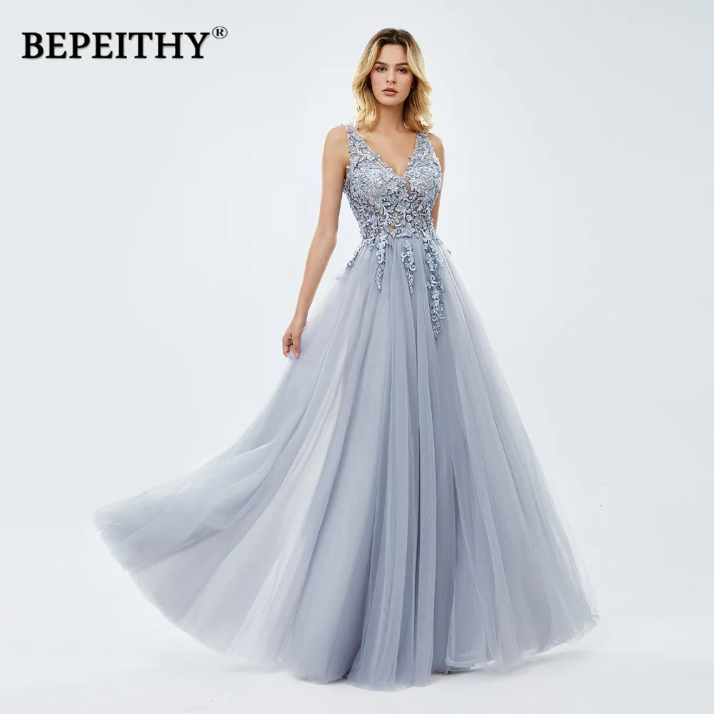 BEPEITHYCustomized Gray Formal Occasion Dress With Slit Lace Prom Dresses For Women Party Wedding Evening A-line Bridesmaid Gown