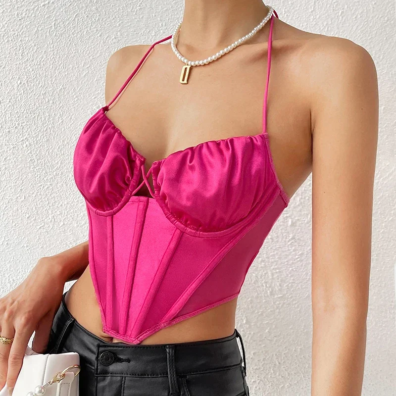 Women Summer Mesh Backless Sexy Crop Top Halter Lace Up Pleated Bustier Sleeveless Y2K Tank Top Beach Camis Street Top