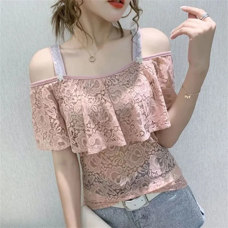 Summer New European-Made Diamond-Encrusted Lace Lotus Leaf Sleeves Off-The-Shoulder V-Neck Slim Short-Sleeved Fashion T-Shirt