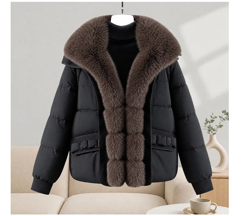 Winter New Solid Color Fur Collar Splicing Short Down Cotton Jacket Women's Thickened Long-sleeved Fashionable Versatile Coat