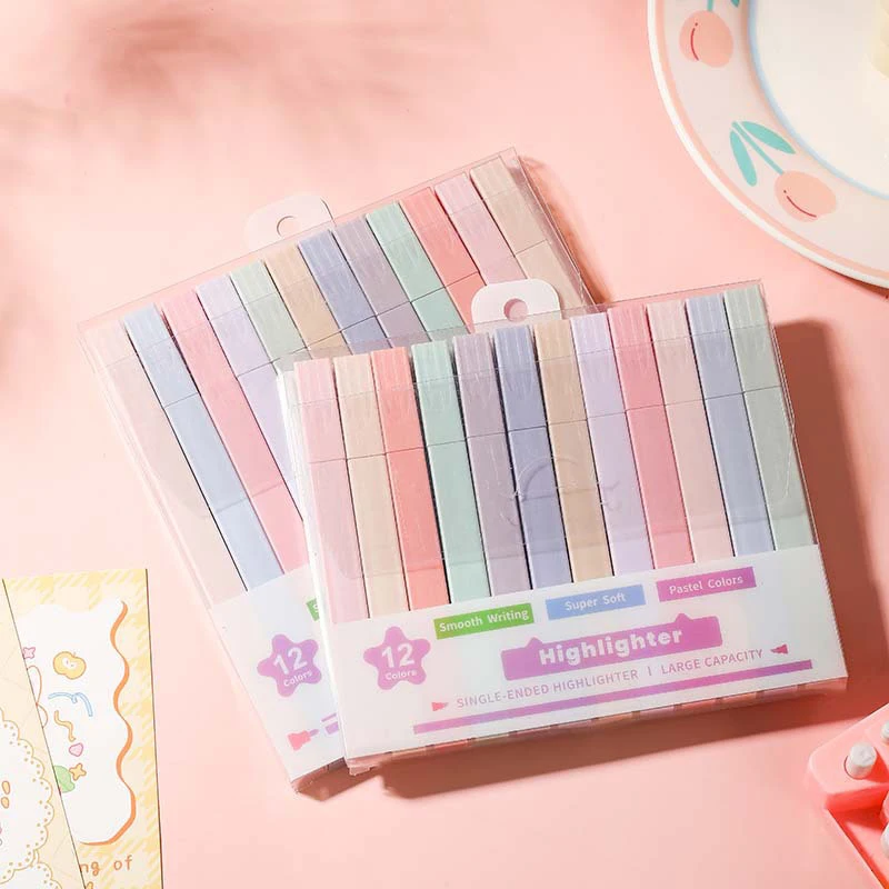 Fluorescent Highlighter Pens Double Headed Pastel Highlighters Stationary Supplies Kawaii Colored Markers Pens 12 Colors