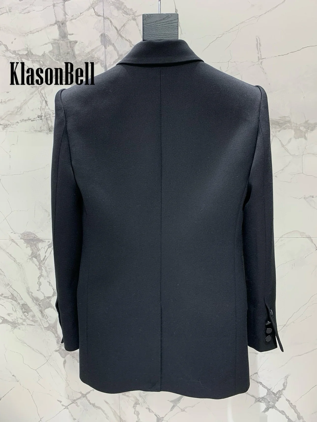 9.10 KlasonBell Women\'s Fashion Runway Satin Spliced Wool Blazer Office Lady Temperament Double Breasted Collect Waist Jacket