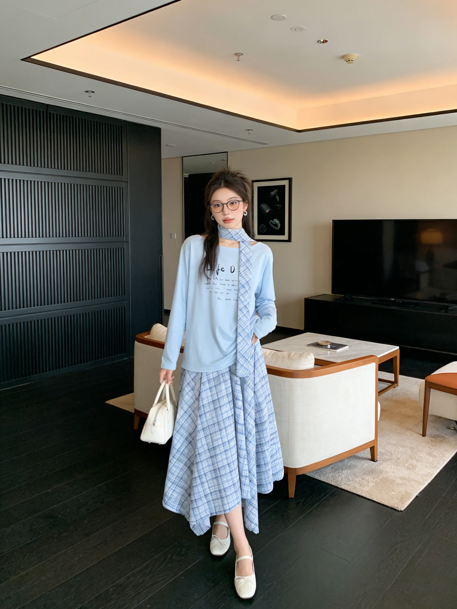 

Spring New Sle Casual Letter T-irt Plaid Skirt Set Irregular Hem Women's Faion Ensemble Breathable Comfortable