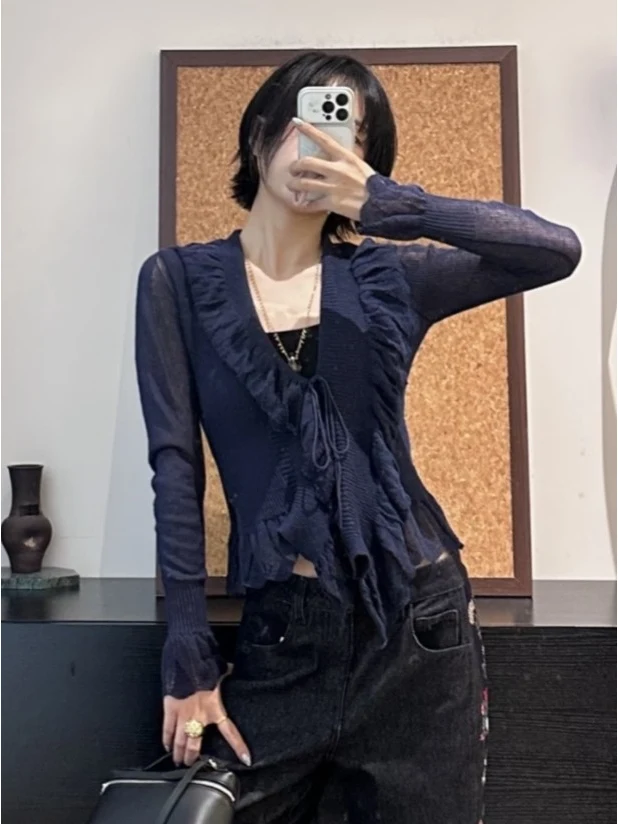 Lightweight Knitted Open Cardigan Women's V-neck Short Hollow out Long Sleeve Soft Style Korean Fashion Wooden  Bordered