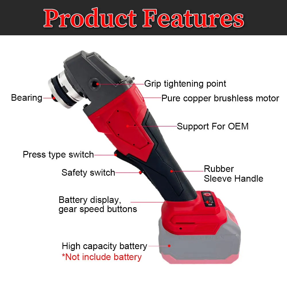 125mm Brushless Angle Grinder 9000RMP Electric Polishing Variable Speed High Power Polishing Machine for Milwaukee 21V Battery