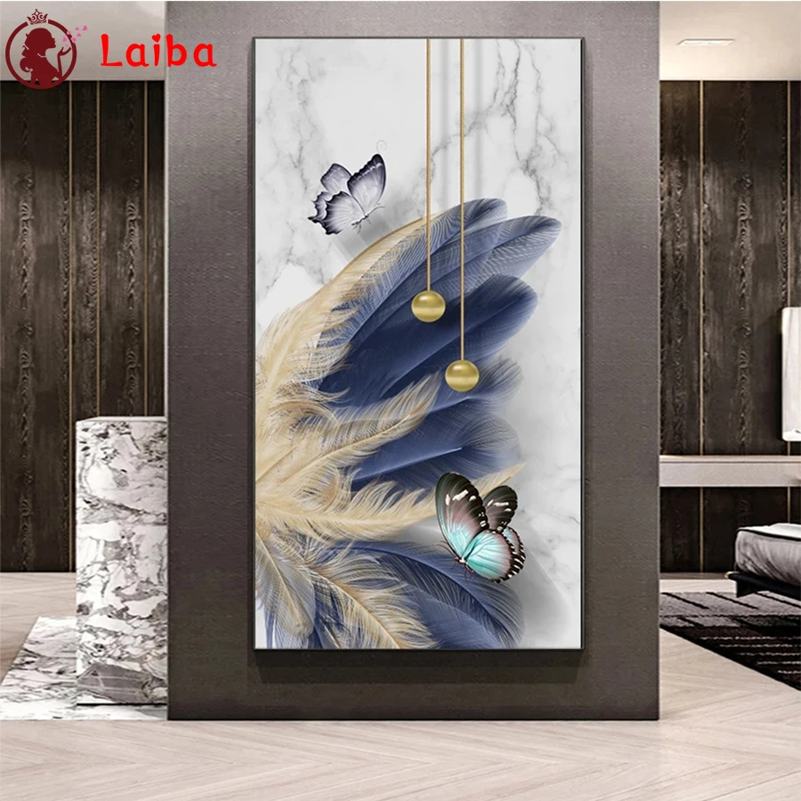 

Diamond Embroidery Golden blue feather abstract art Diamond Painting Full Square round drill Mosaic Cross Stitch Wall Art