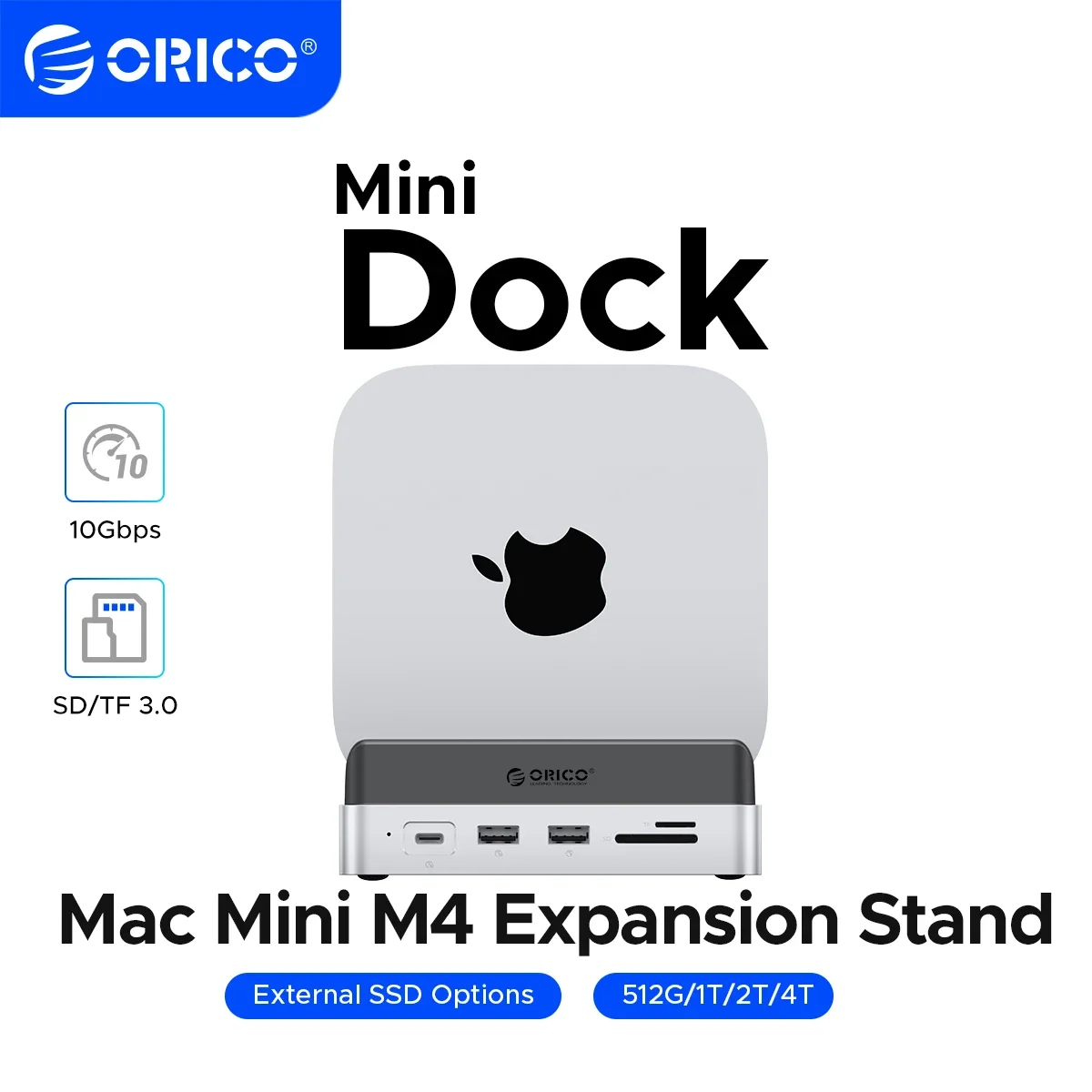 ORICO MiniDock Storage Expansion Dock for Mac Mini M4&M4 Pro Stand USB3.2 Gen2 Type C Dock with 512G 1T 2T 4T M.2 SSD Options