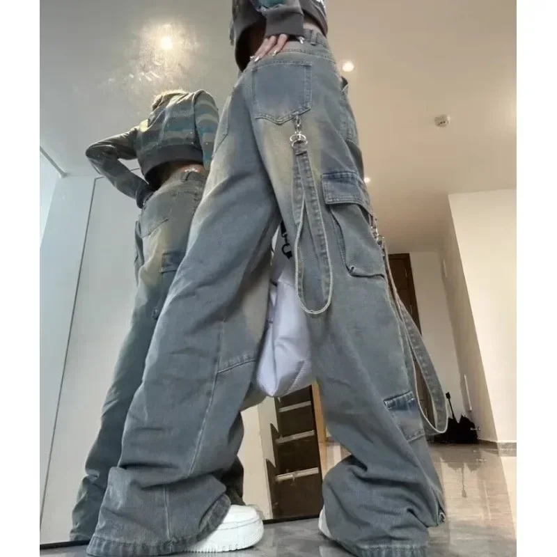 Female Jean Spliced Pockets Cargo Pants Washed Denim High Waist Full Length Jeans Loose Solid Basics Patchwork Distressed