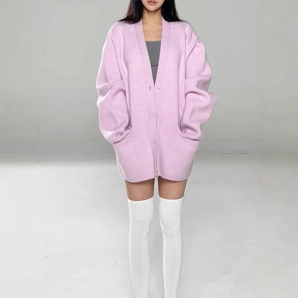 

Women Autumn And Winter Bright Silk Sweater Cardigan Female New Lazy Loose V Neck Thickened Knitted Women'S Sweater