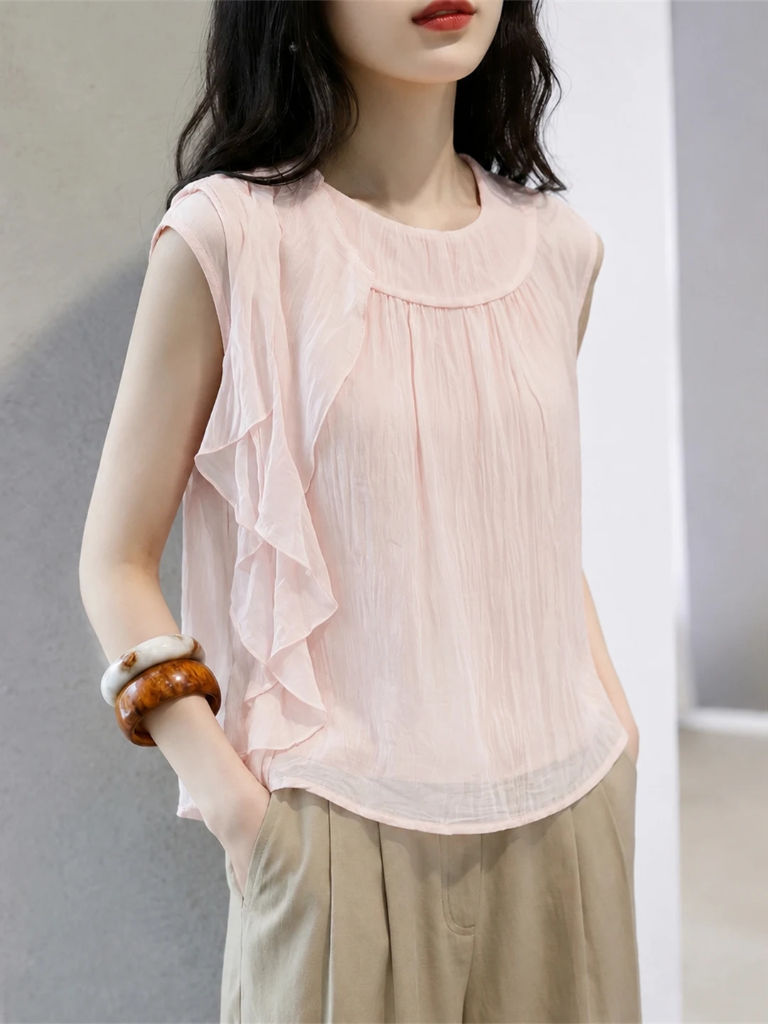 Sweet Loose Sleeveless Top with Lace Hem Gentle Wind Style Summer Fashionable Slimming Versatile Basic round Neck Short Sleeve
