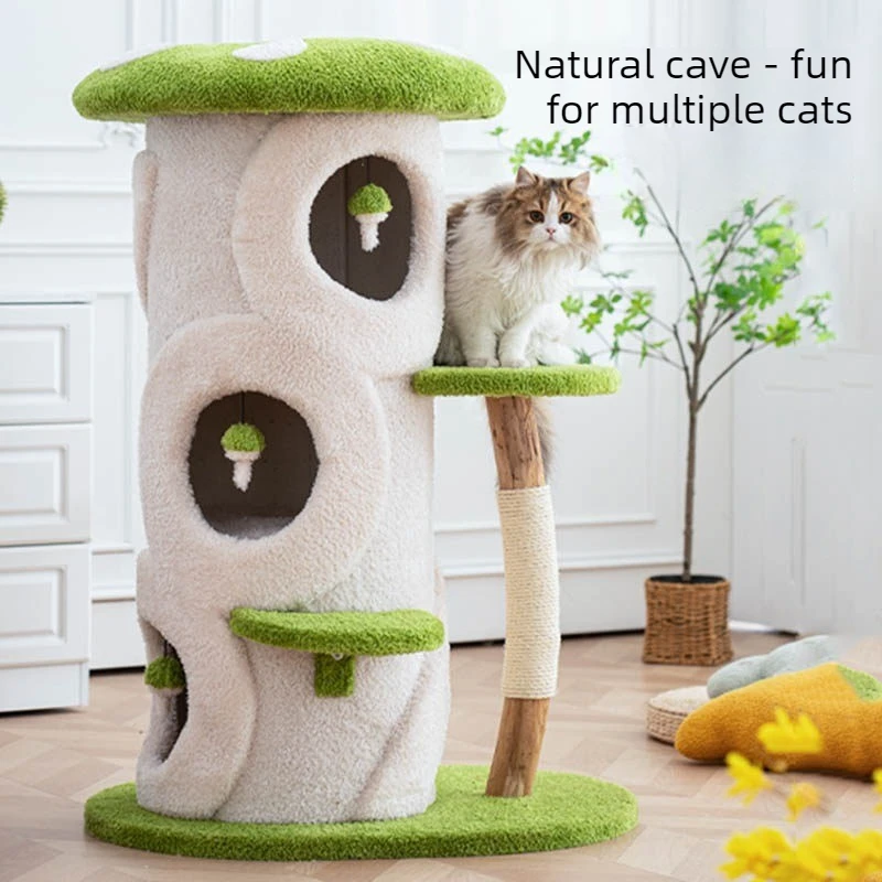Multi Level Cat Tree with Mushroom Top Natural Tree Hole Cat House Scratching Post Sisal Platform Hanging Toy Indoor Cat Trees