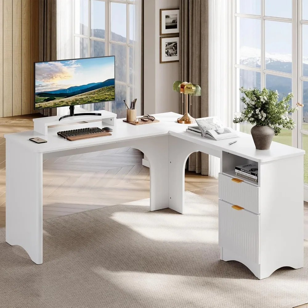 

L Shaped Desk with File Drawer, 55.7" x 55" Office Computer Desk with Round Corners, Modern Desk with Monitor Stand & Fluted Pa