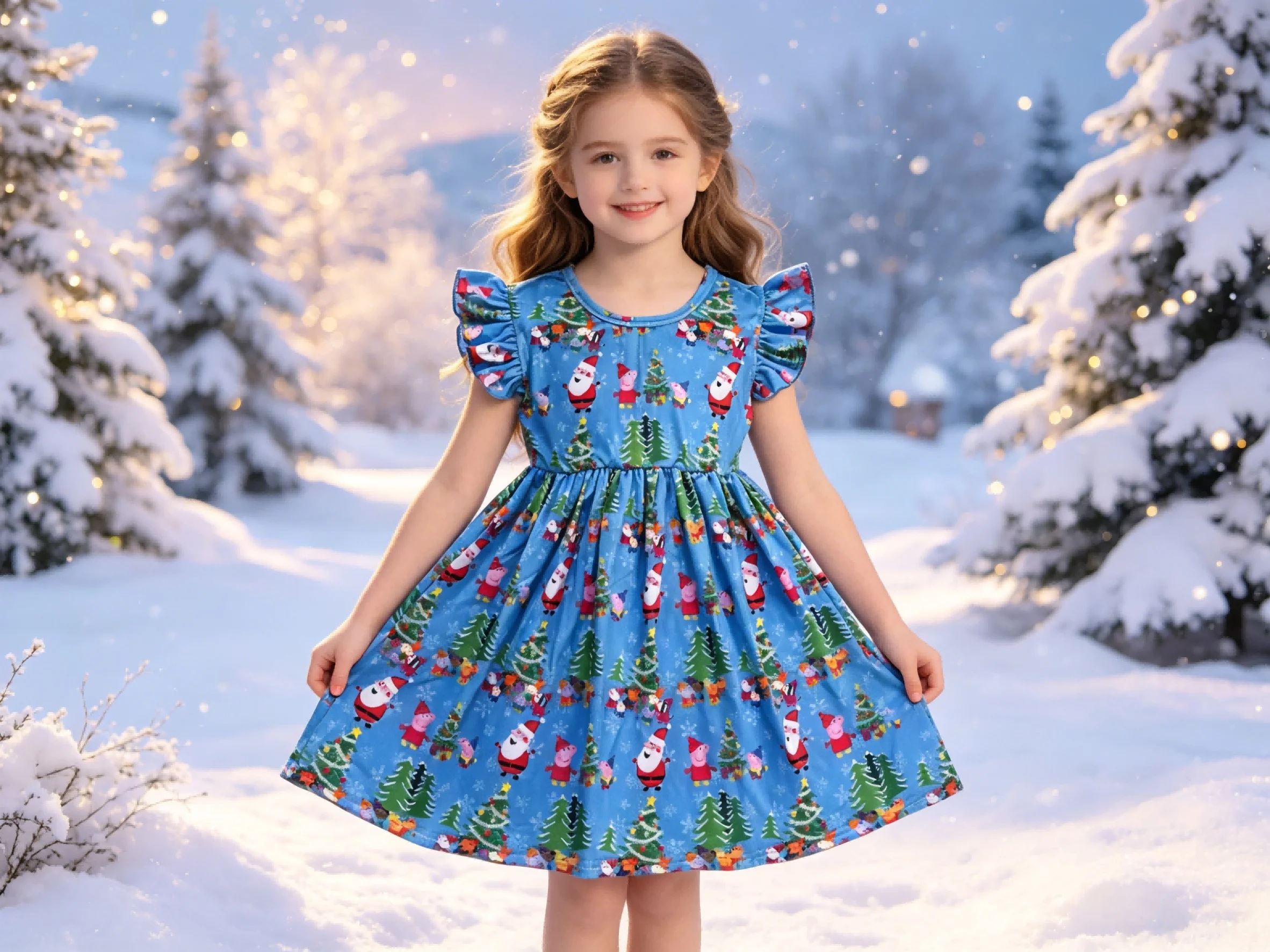 Peppa Pig Christmas Cartoon Print Girls Dress Ruffle Short Sleeve Toddler Kids Twirl Dress Baby Girl Casual Party Outfit Childre