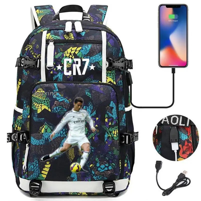 Fashion CR7 Backpack USB Charging School Bag 15.6 Inch Laptop Backpack Female Male Book Bag Bagpacks Waterproof Teens Back Pack