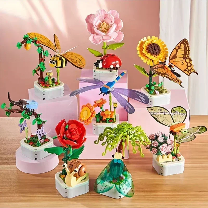 Flower and Insect Building Blocks Set, Insect Succulent Bouquet Ornament,Creative Gifts Toys for Kids Adults Boys Girls