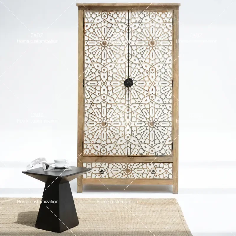 Retro Nanyang Style Solid Wood Carved Flower Wardrobe Weathered White Bedroom Storage Cabinet Customizable Furniture