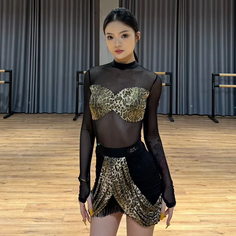 신상 라틴 댄스 공연 의상 레오파드 메쉬 섹시 룸바 차차 탱고 댄스 연습복 대회 드레스 수트 DNV25999