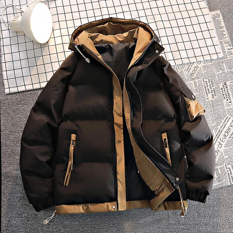 Winter Padded Jackets Men Outdoor Windproof Thicken Hooded Jackets Fashion Streetwear Hooded Parkas Warm Color-block Coats Teens
