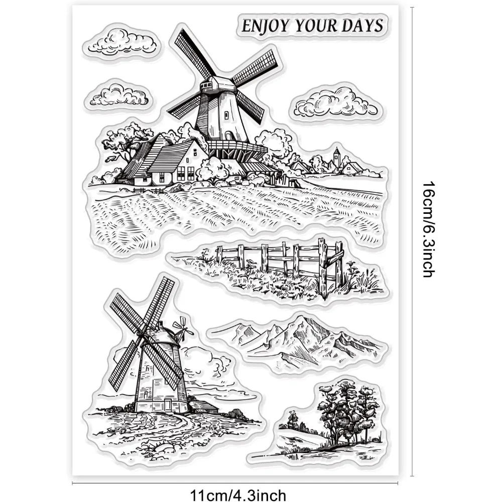 Windmill Clear Stamp Landscape Silicone Clear Stamp Farm Rubber Stamp for Scrapbook Journal Card Making 4.3 x 6.3 Inch