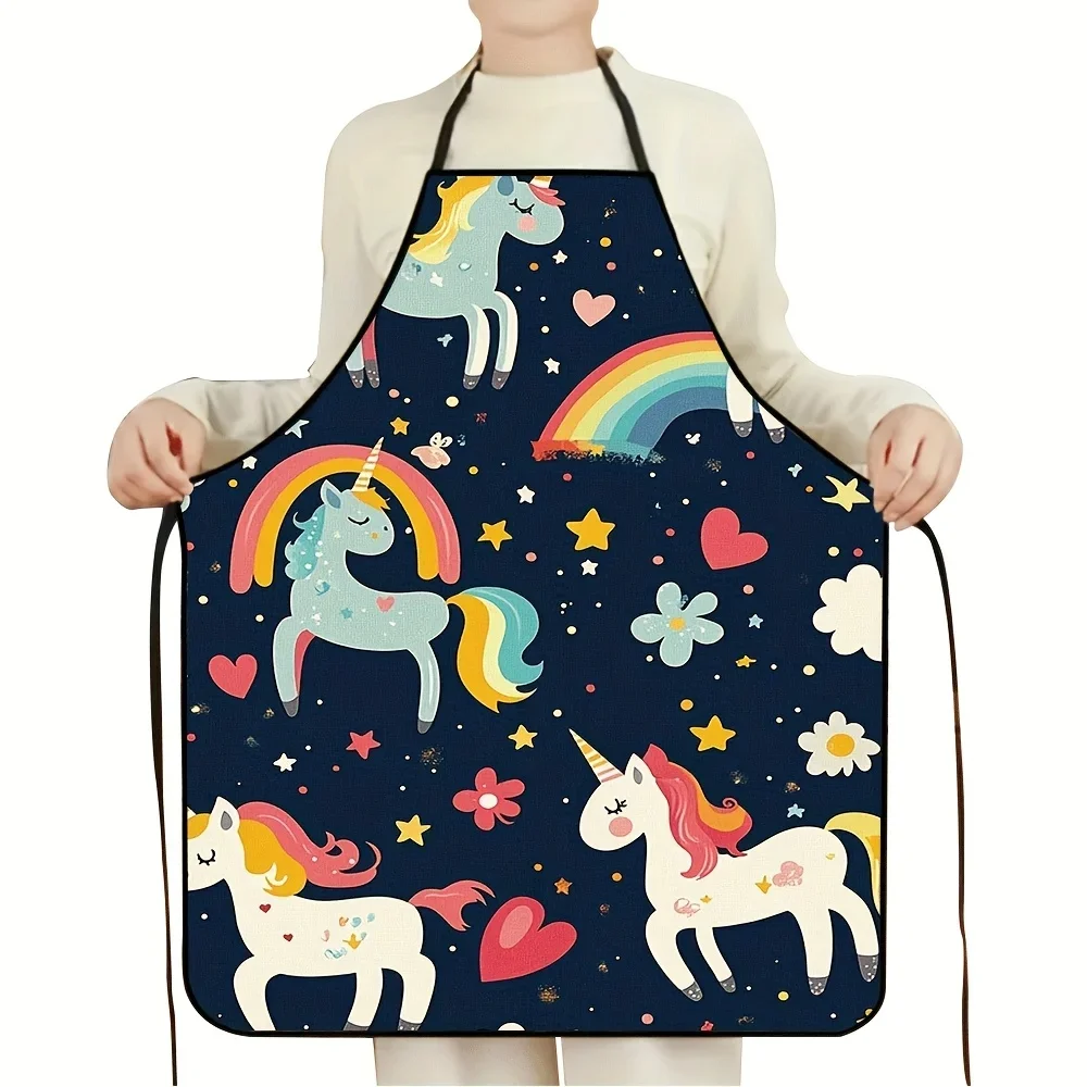 Unicorn Rainbow Apron Magical Navy Background Flying Unicorns Stars Hearts Waterproof Polyester
