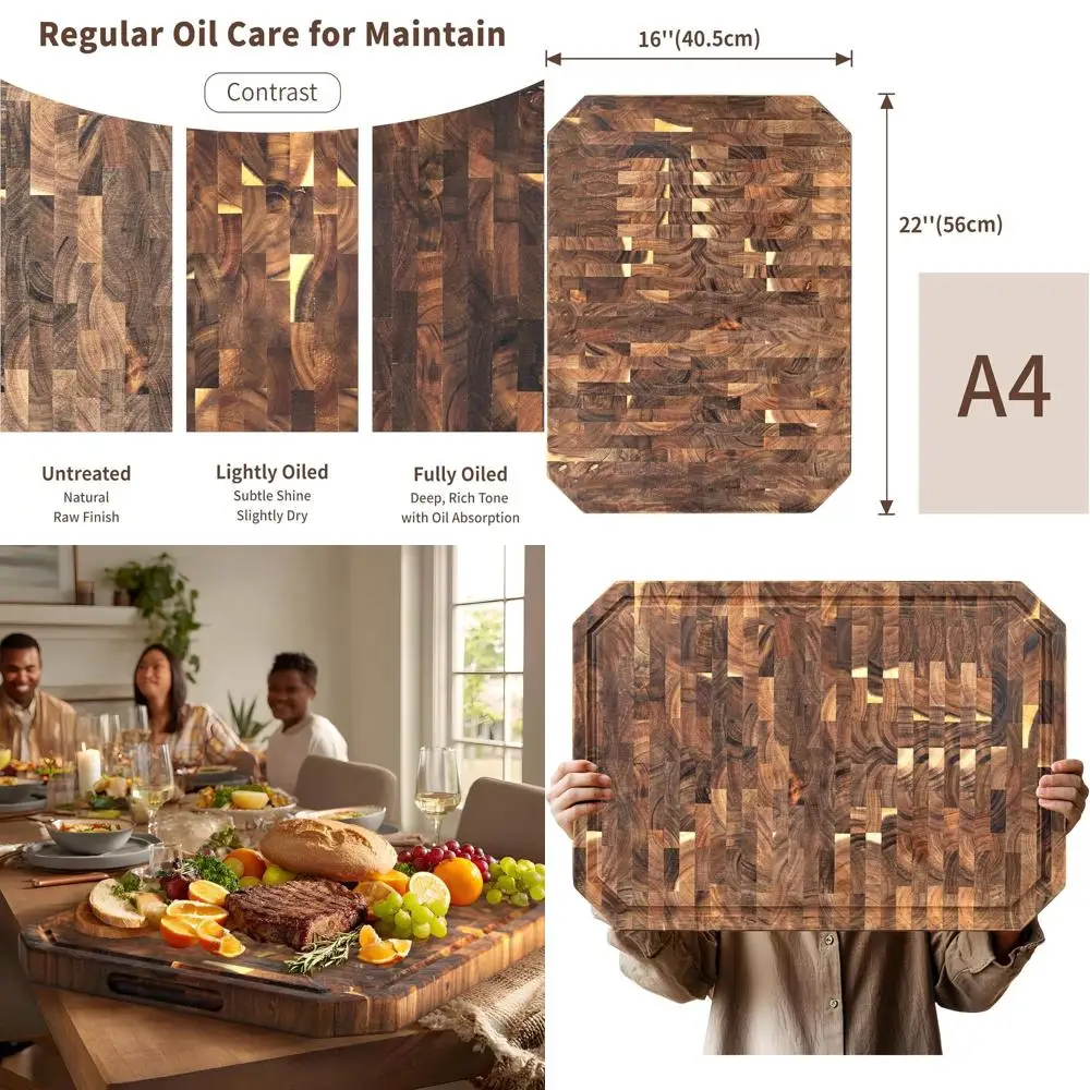 

Reversible 22x16 Acacia Wood End Grain Chopping Board with Juice Groove and Handles, 1.4 Thick for Meat, Veg, Cheese
