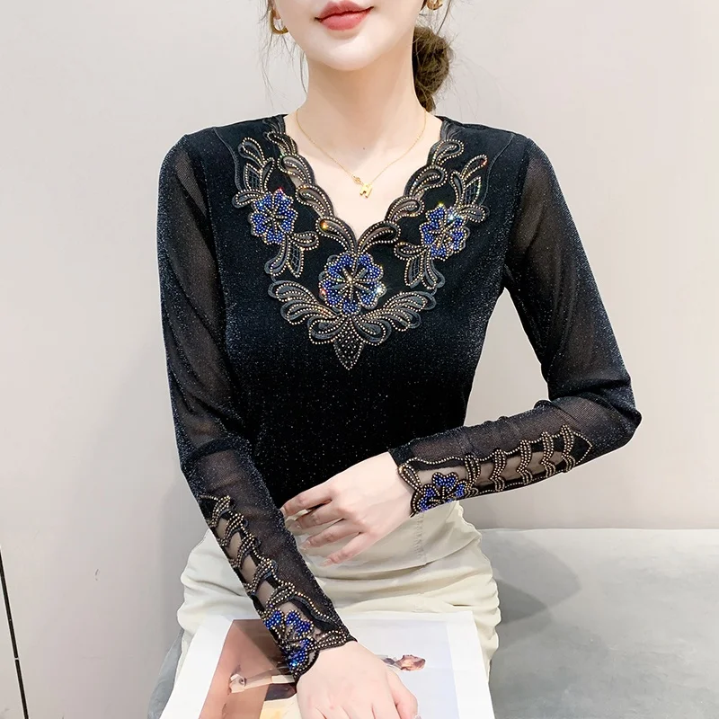 

Ele V-Ne Long Sve Me Base irt женская футболка осень-зима для похудения кружевной топ модный уличный сле