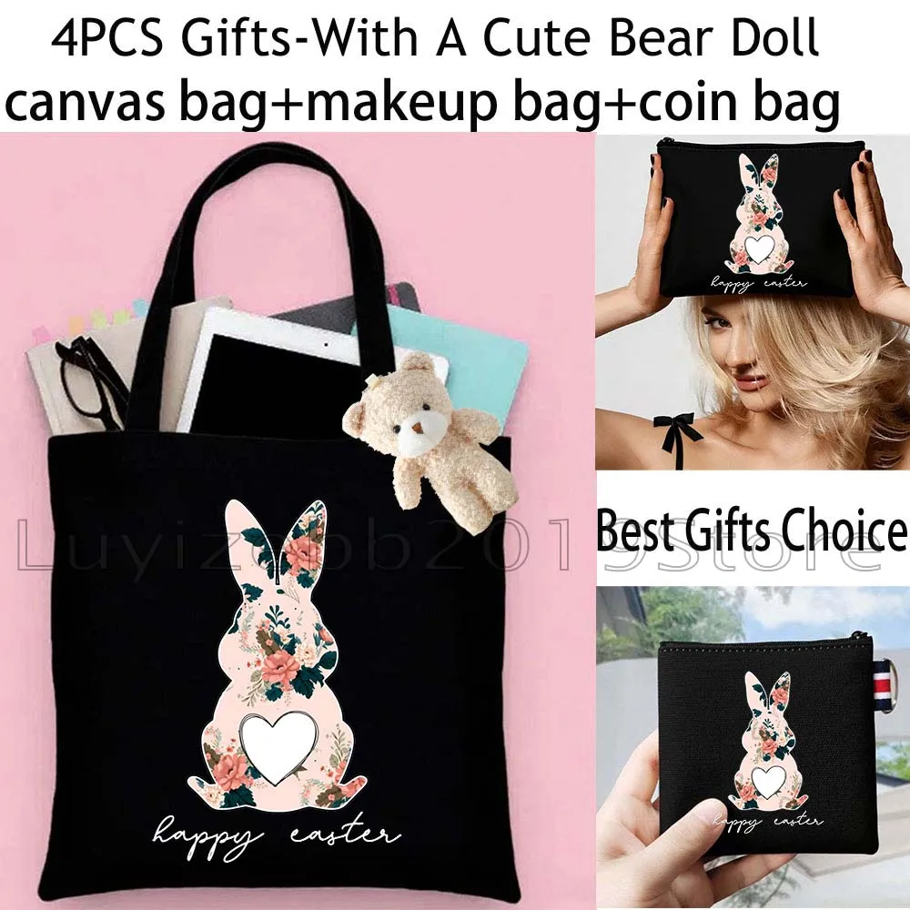 4PCS Cute Floral Easter Day Bunny Rabbit Gifts Canvas Tote Bag Cotton Handbag,Cosmetic Makeup Bag,Coin Purse Wallet Zipper Pouch
