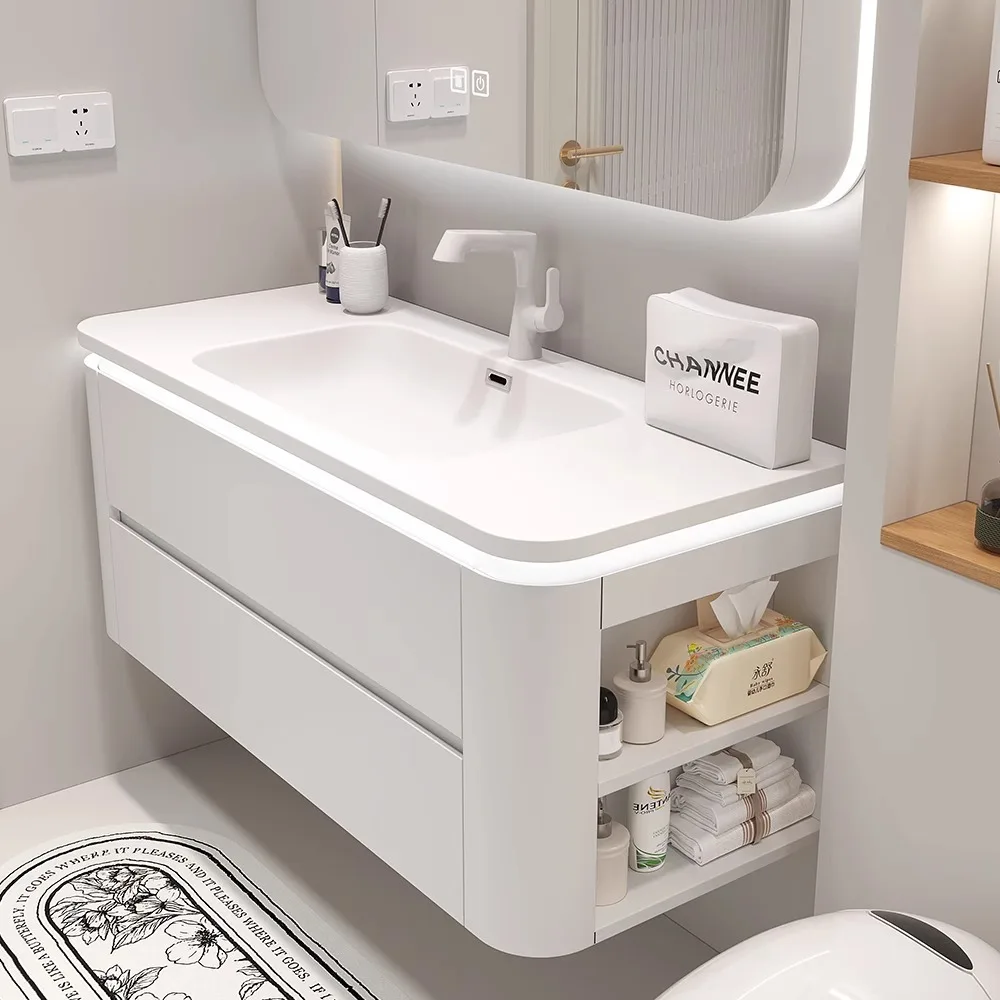 Double suction side storage bathroom cabinet ceramic integrated basin washbasin washbasin cabinet combination white Nordic