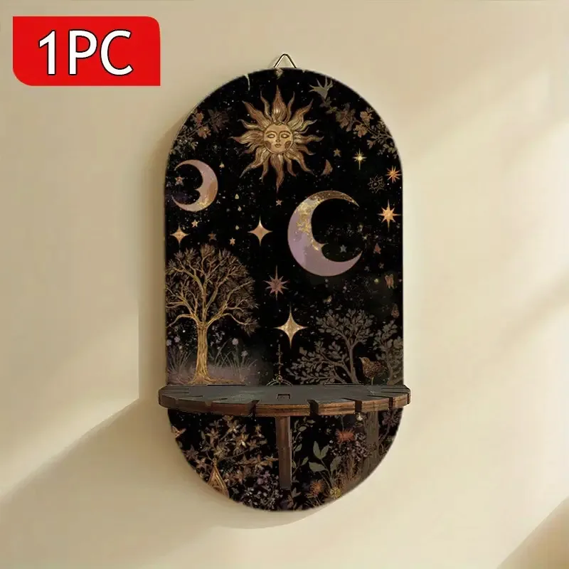 Bohemian Black Golden Star And Wall Shelf - A Floating Shelf Made of Artificial Wood Featuring Hinges, Designed for