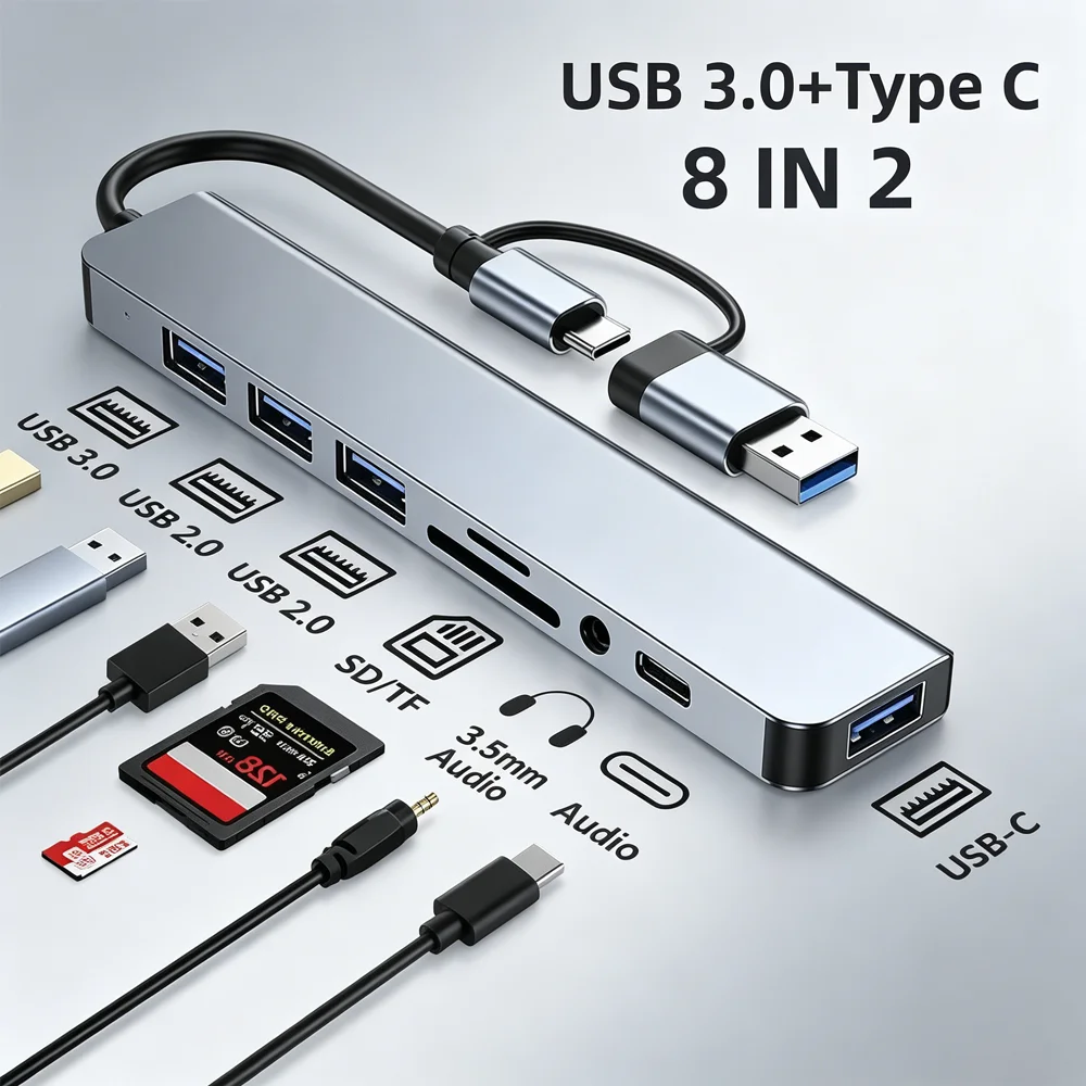 USB 3.0 Type C Adapter Docking Ststion USB 2.0 Port TF SD Card Reader Audio Output Multi-hub Splitter for Macbook Pro Computer
