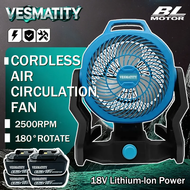 Cordless rechargeable camping fan with rotation head electric air circulator for outdoor tent and indoor use for 18V 20V battery