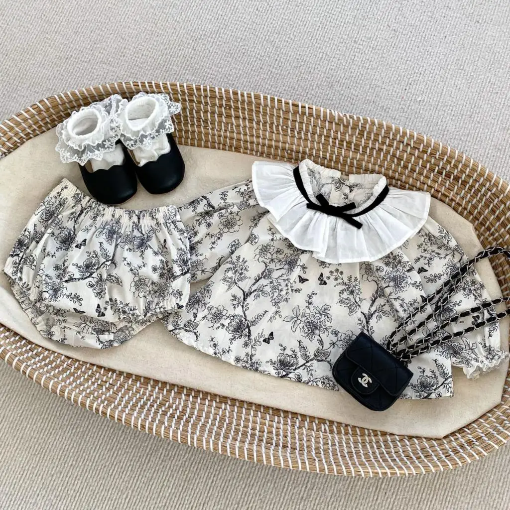 2024 Spring Baby Girls 2PCS Clothes Set Floral Cotton Lace Knotbow Collar Long Sleeve Tops Pp Pants Suit Toddler Girls Outfits