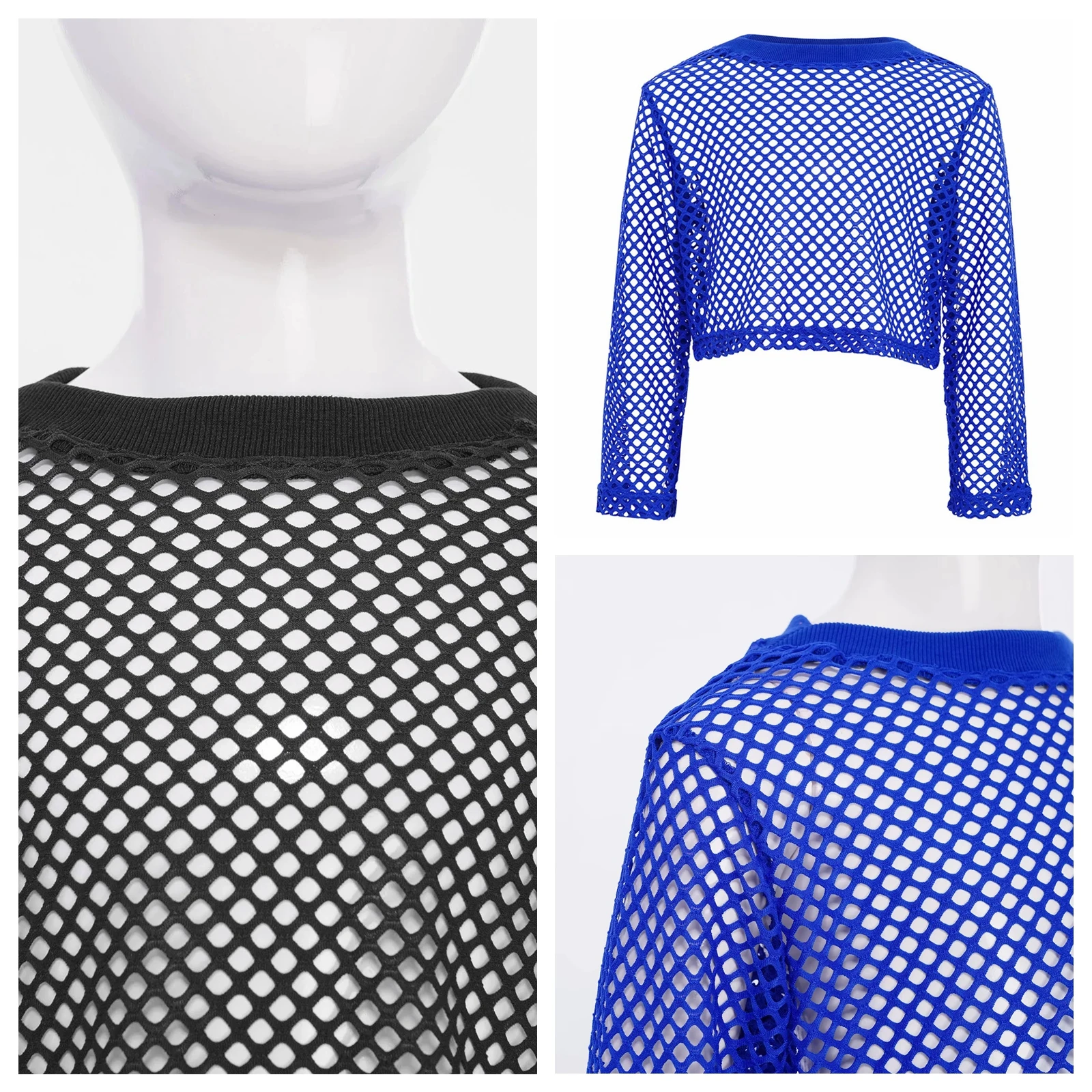 

Детская прозрачная сетчатая футболка для девочек, детские футболки с вырезами, круглый ребристый вырез, длинный рукав, укороченный топ в стиле хип-хоп для уличных танцев