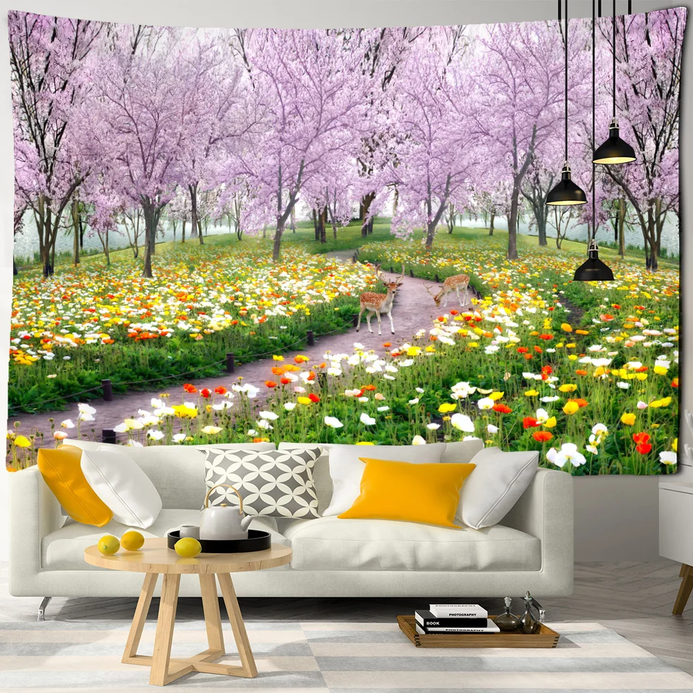 Moon at sea cherry blossom forest path wall hanging tapestry home living room decoration background  polyester