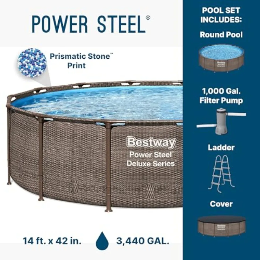 

Power Steel 14’ x 42” Above Ground Pool, Round Metal Frame Outdoor Swimming Pool Set with Filter Pump, Ladder, and Cover, Brown