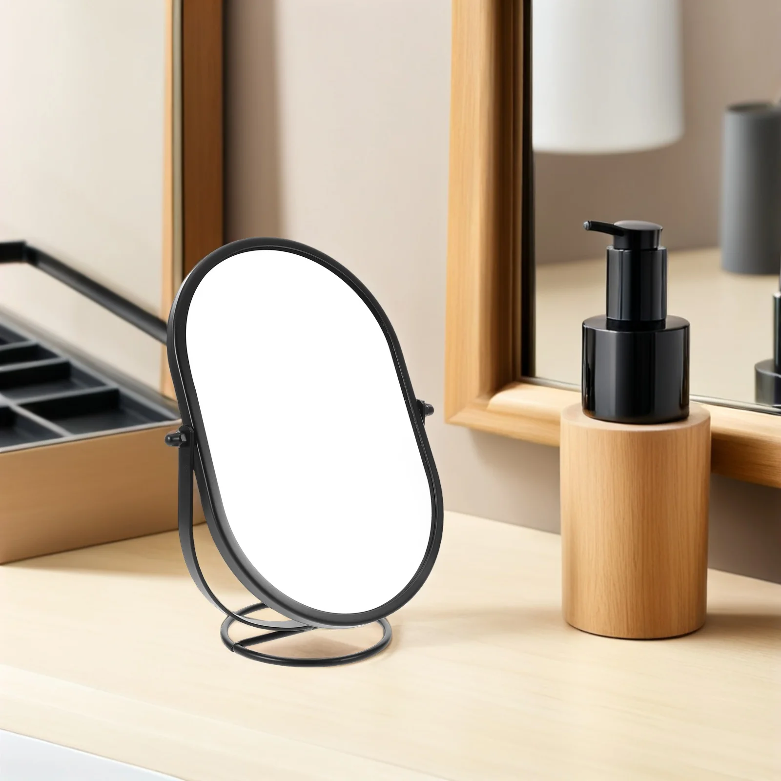 مرآة دوارة للمكتب باللون الأسود، مرآة مكياج بيضاوية حديثة قابلة للدوران، مستلزمات مكياج لسطح المكتب لغرفة النوم وغرفة المعيشة والحمام