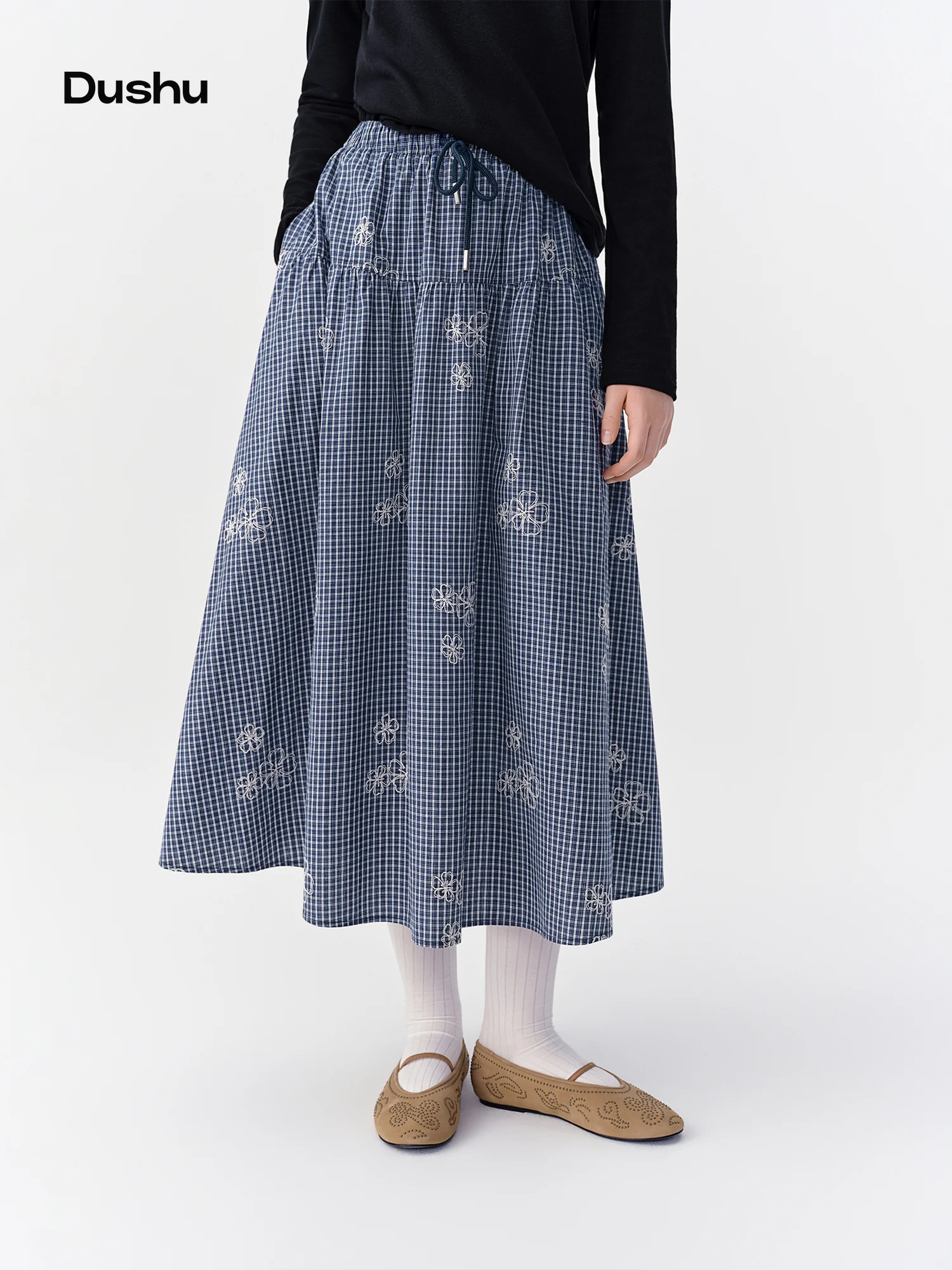 DUSHU 2026 Fall Women's Chic Elastic High Waist Plaid Embroidered A-Line Skirt - Flattering Versatile Style for Daily Wear