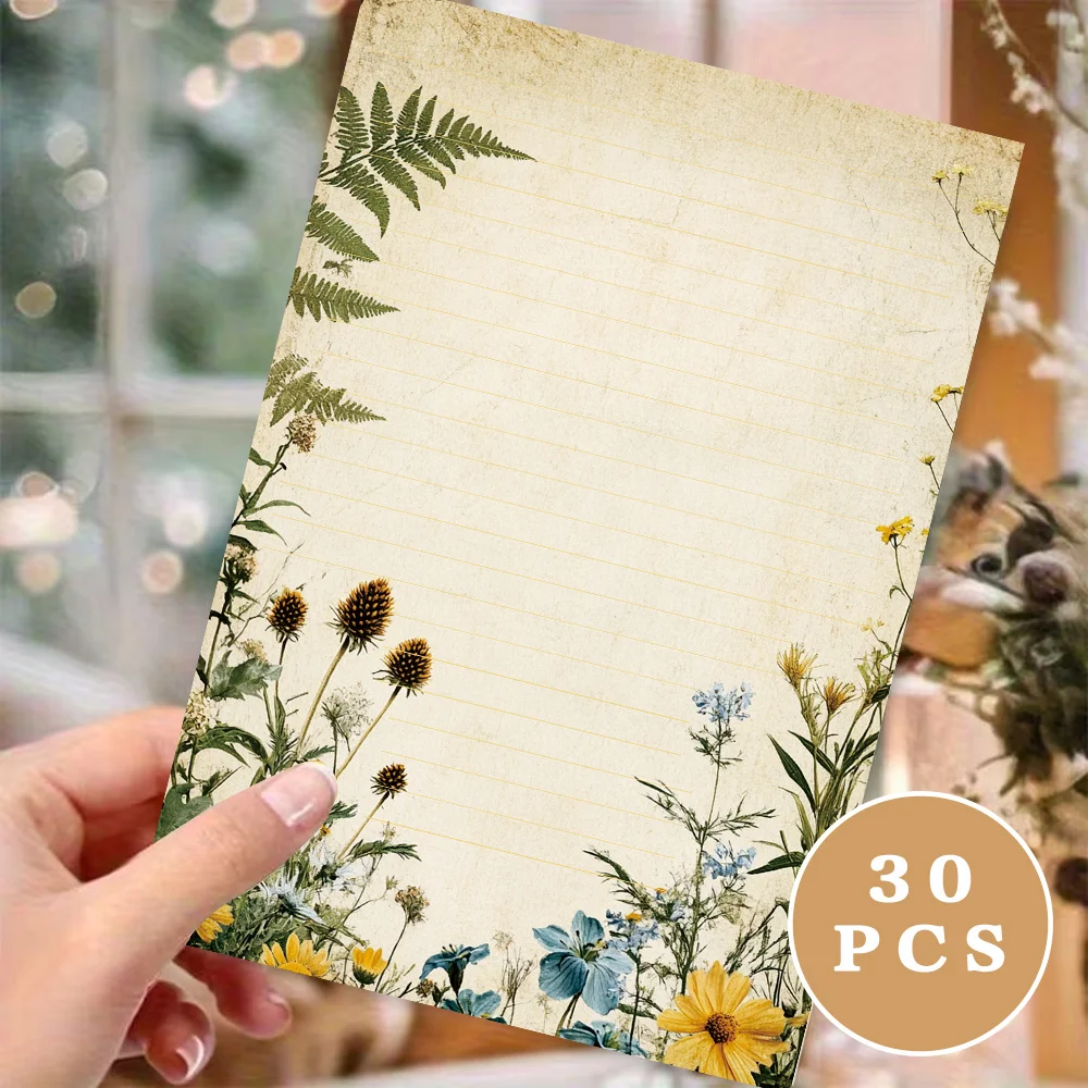 30 Sheets, B5 Vintage Botanical Floral Theme Writing Paper, Lined, No Glue, Very Suitable For Notebooks, Memos, And Stickers