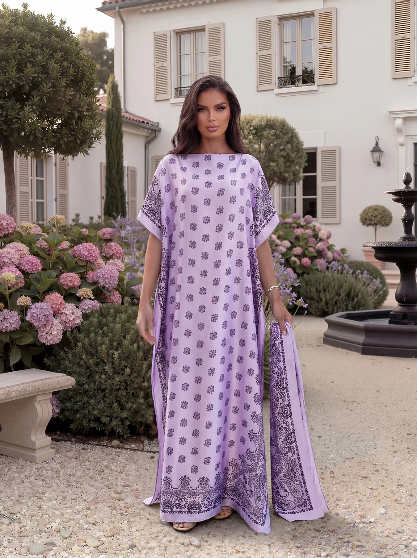 Boho Paisley Floral Print Satin Abaya Scarf Set, Loose Batwing Maxi Kaftan For Muslim Women Summer Beach Daily Holiday Wear