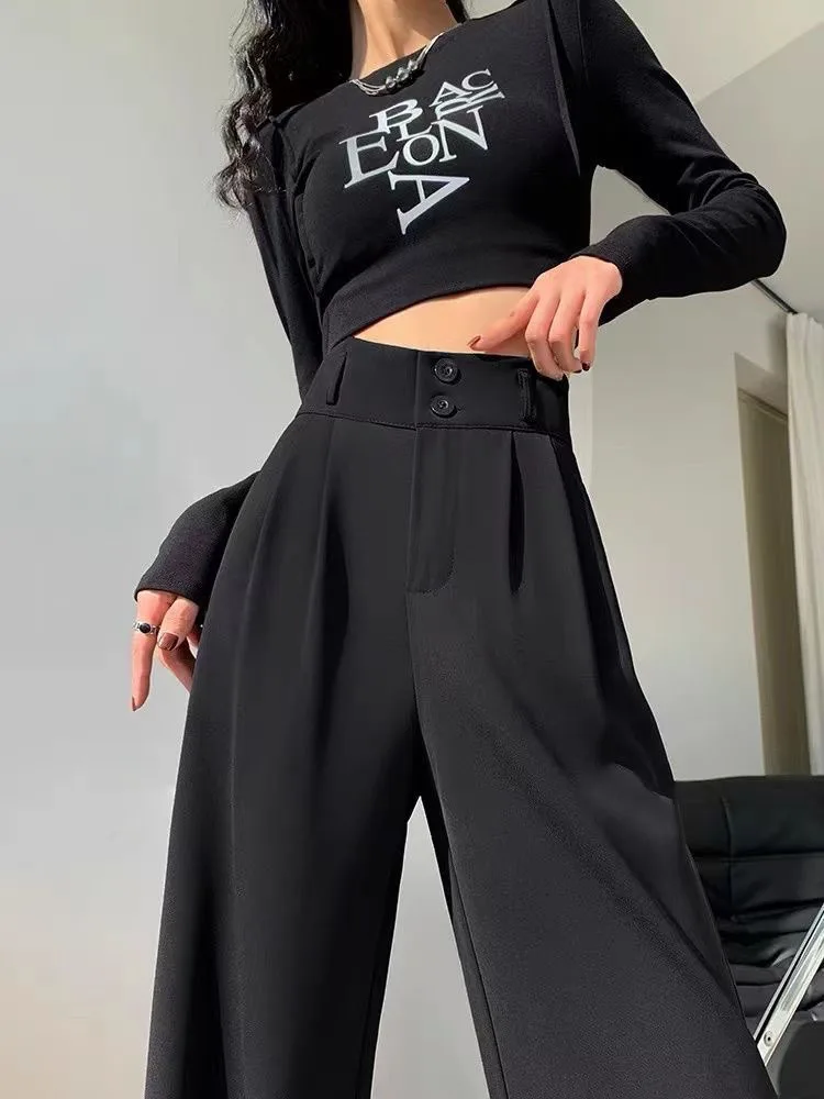Slim Fit High Waist Draped Thin Summer Suit Pants Women's Casual Floor Length Black Wide Leg Pants Korean Style Commute Fashion