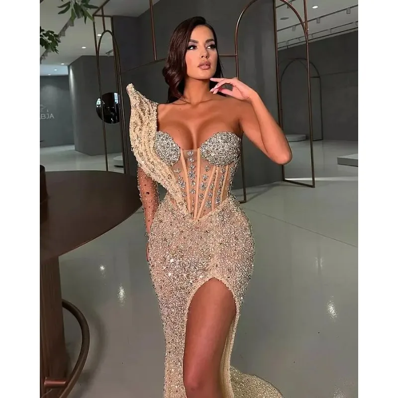 Vestido de noite vestido de baile strass divisão sereia saudita vestidos de festa especial vestido de festa personalizado