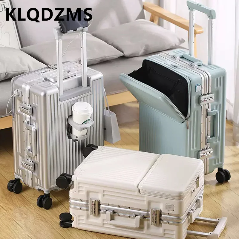 

KLQDZMS Multifunctional Suitcase Front Opening Boarding Case Laptop Trolley Case 20"24"26 Inch ABS+PC with Wheels Luggage
