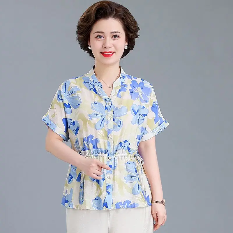 

New Women's V-neck Button Print Fashionable Cardigan Short-sleeved Top