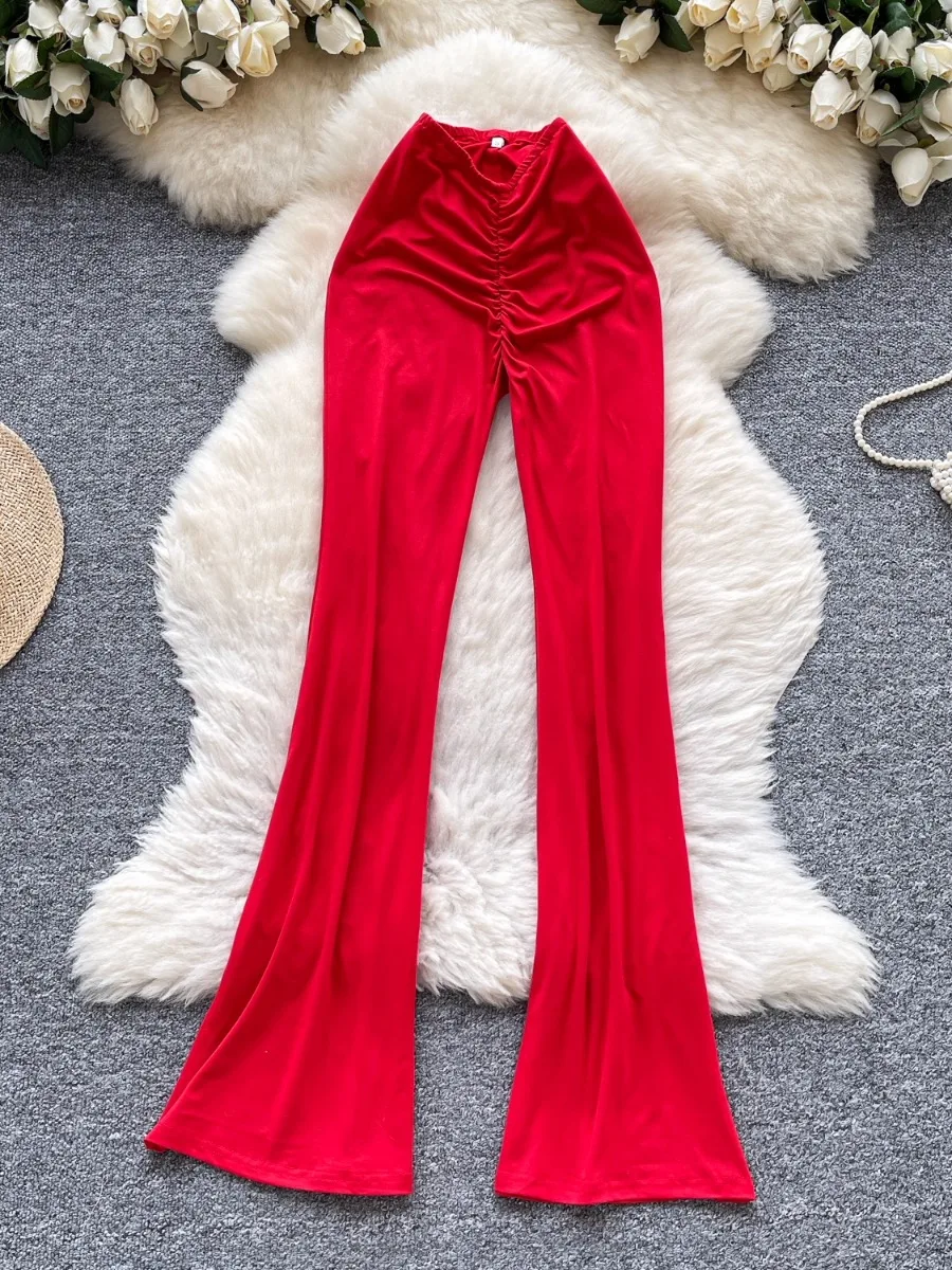 Foamlina été plissé coupe ajustée pantalon évasé européen fille chaude couleur unie jambe allongement léger Mature élégant pantalon