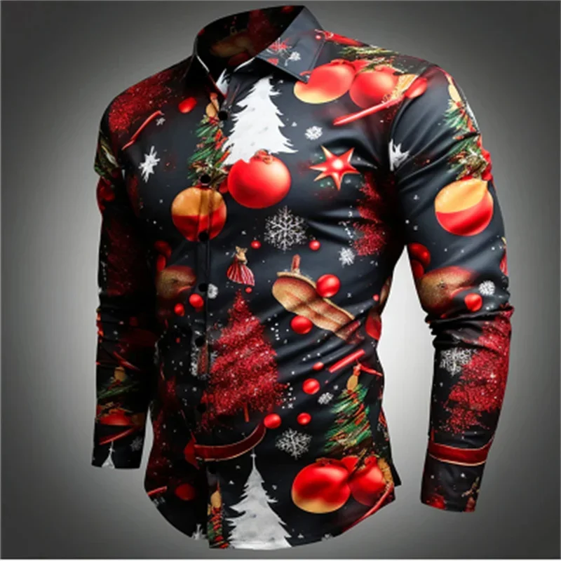 2024 Men's Shirt Christmas Fireworks Series 3D Printed Pattern Button Shirt Fashion Long Sleeve Casual Outdoor Large Size Hot Se